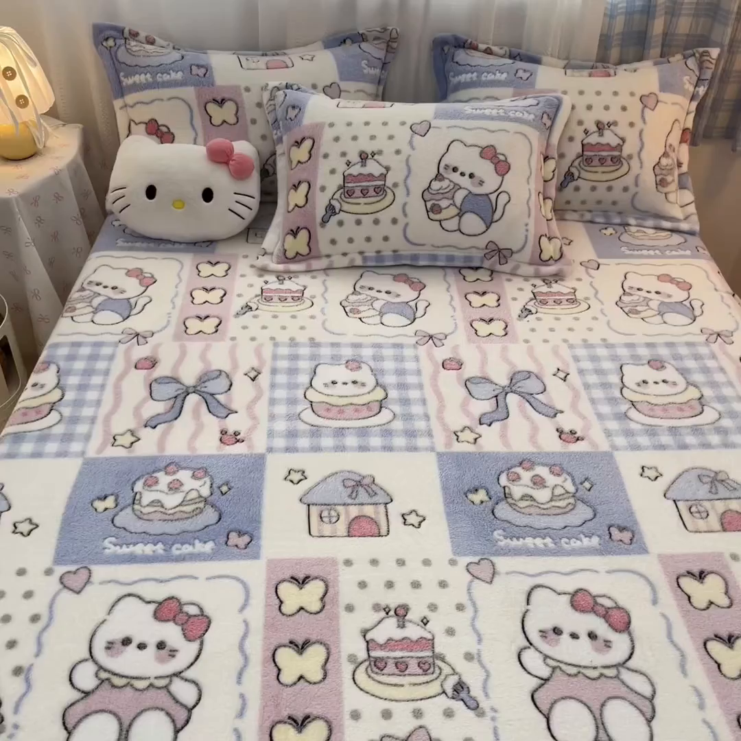 91家纺网 家纺一手货源 找家纺 川悦生活 2025新款高克重双面雪花绒印花毛毯三件套 毛毯小喵甜心