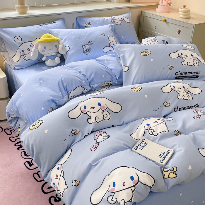 91家纺网 家纺一手货源 找家纺 港岛妹妹 2025新款云朵水洗工艺三丽鸥四件套 三丽鸥-牛奶玉桂狗