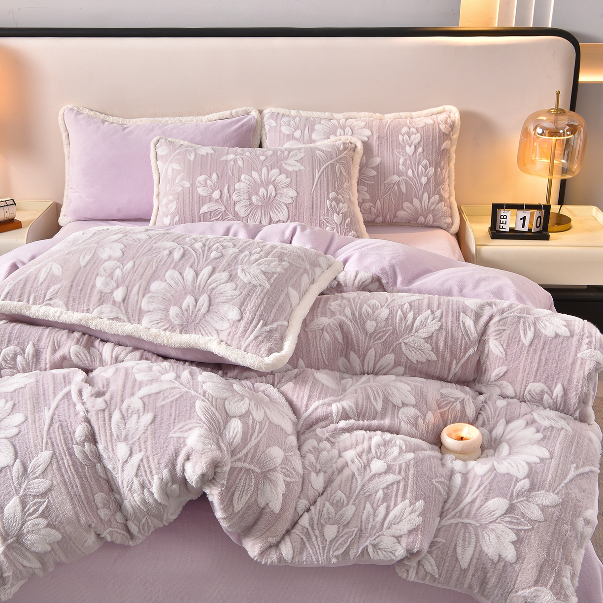 91家纺网 家纺一手货源 找家纺 吾诺家居 320克深雕兔毛绒四件套牛奶绒四件套兔毛四件套 兔毛包边四件套 紫晶之恋