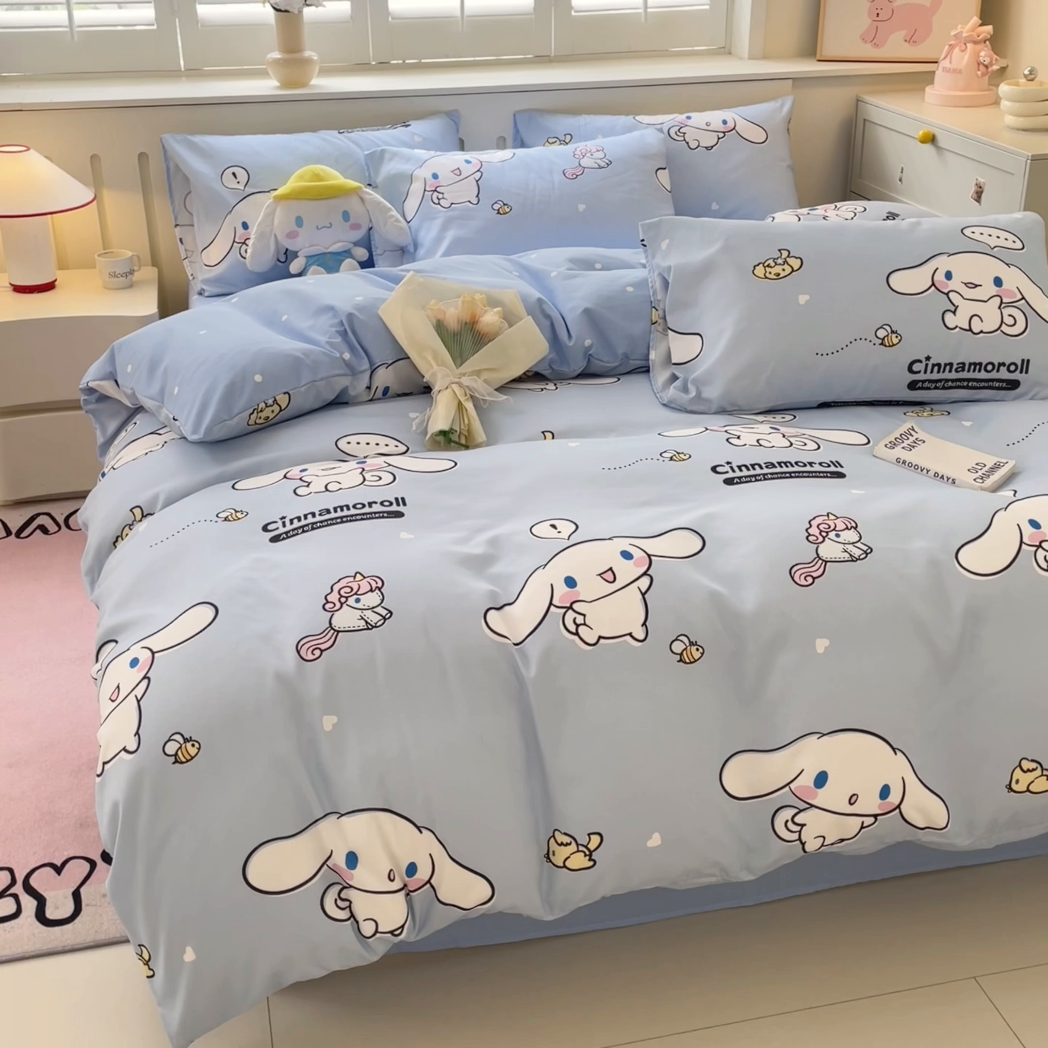 91家纺网 家纺一手货源 找家纺 港岛妹妹 2025新款云朵水洗工艺三丽鸥四件套 三丽鸥-牛奶玉桂狗