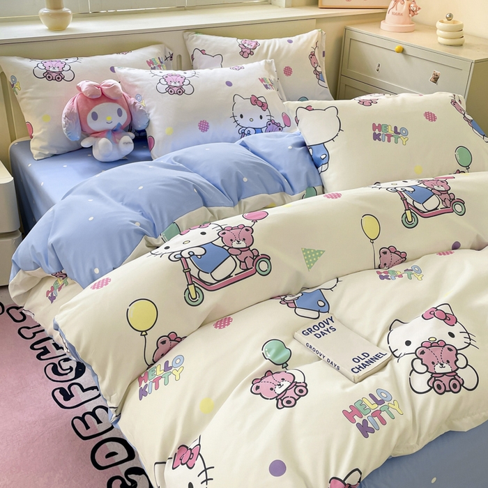 91家纺网 家纺一手货源 找家纺 港岛妹妹 2025新款云朵水洗工艺三丽鸥四件套 三丽鸥-五彩kt猫