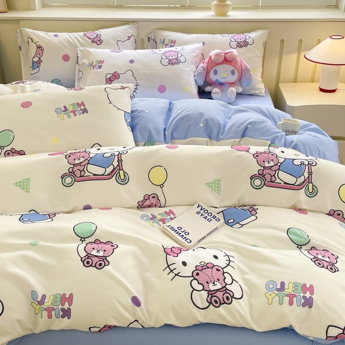 91家纺网 家纺一手货源 找家纺 港岛妹妹 2025新款云朵水洗工艺三丽鸥四件套 三丽鸥-五彩kt猫