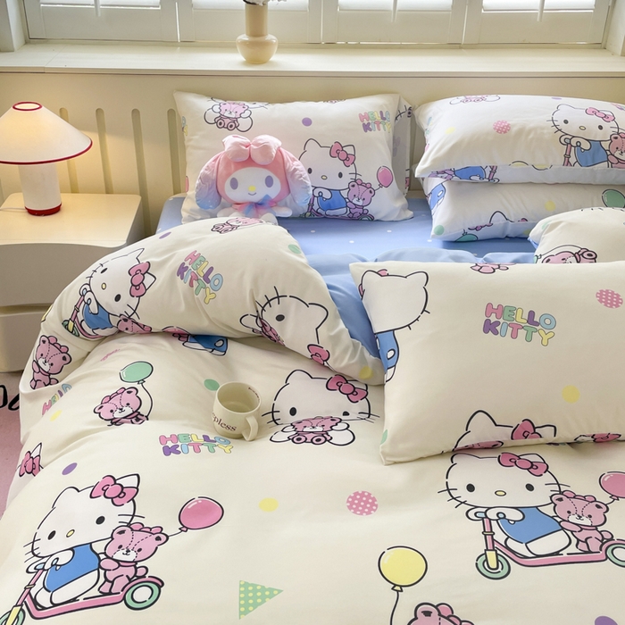 91家纺网 家纺一手货源 找家纺 港岛妹妹 2025新款云朵水洗工艺三丽鸥四件套 三丽鸥-五彩kt猫