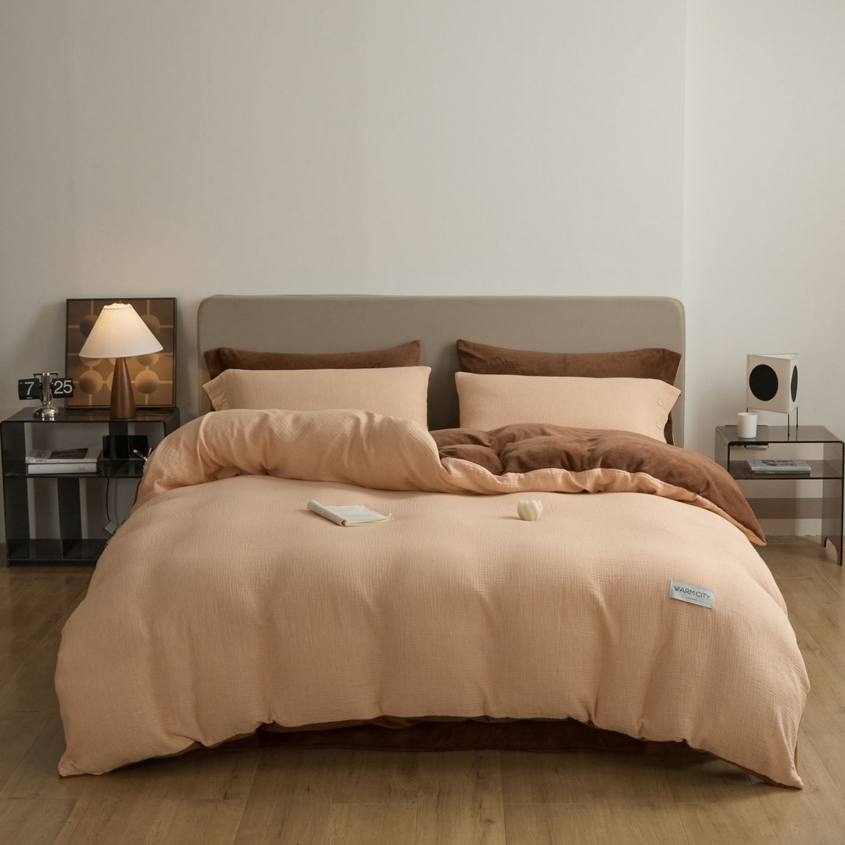 91家纺网 家纺一手货源 找家纺 吾诺家居 吾诺 棉加绒系列 全棉泡泡双层纱加牛奶绒四件套 棉拼绒四件套 棉加绒四件套全棉A类 枫叶桔-唐茶