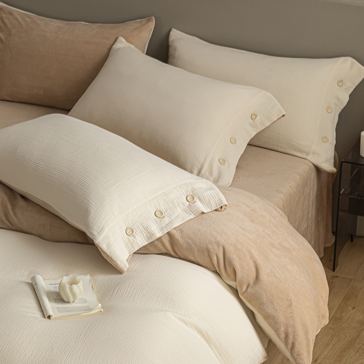 91家纺网 家纺一手货源 找家纺 （总）吾诺家居 吾诺 棉加绒系列 全棉泡泡双层纱加牛奶绒四件套 棉拼绒四件套 棉加绒四件套全棉A类