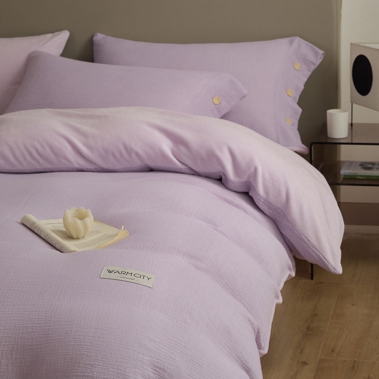 91家纺网 家纺一手货源 找家纺 吾诺家居 吾诺 棉加绒系列 全棉泡泡双层纱加牛奶绒四件套 棉拼绒四件套 棉加绒四件套全棉A类 梦幻紫-浅紫