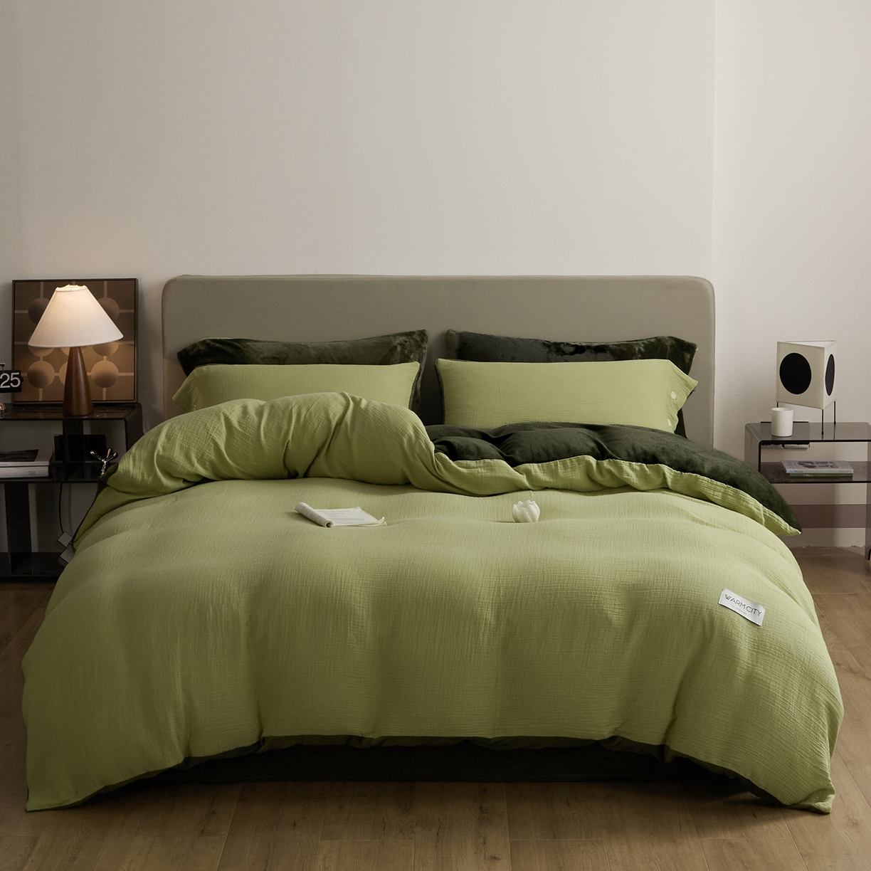 91家纺网 家纺一手货源 找家纺 吾诺家居 吾诺 棉加绒系列 全棉泡泡双层纱加牛奶绒四件套 棉拼绒四件套 棉加绒四件套全棉A类 果绿-橄榄绿