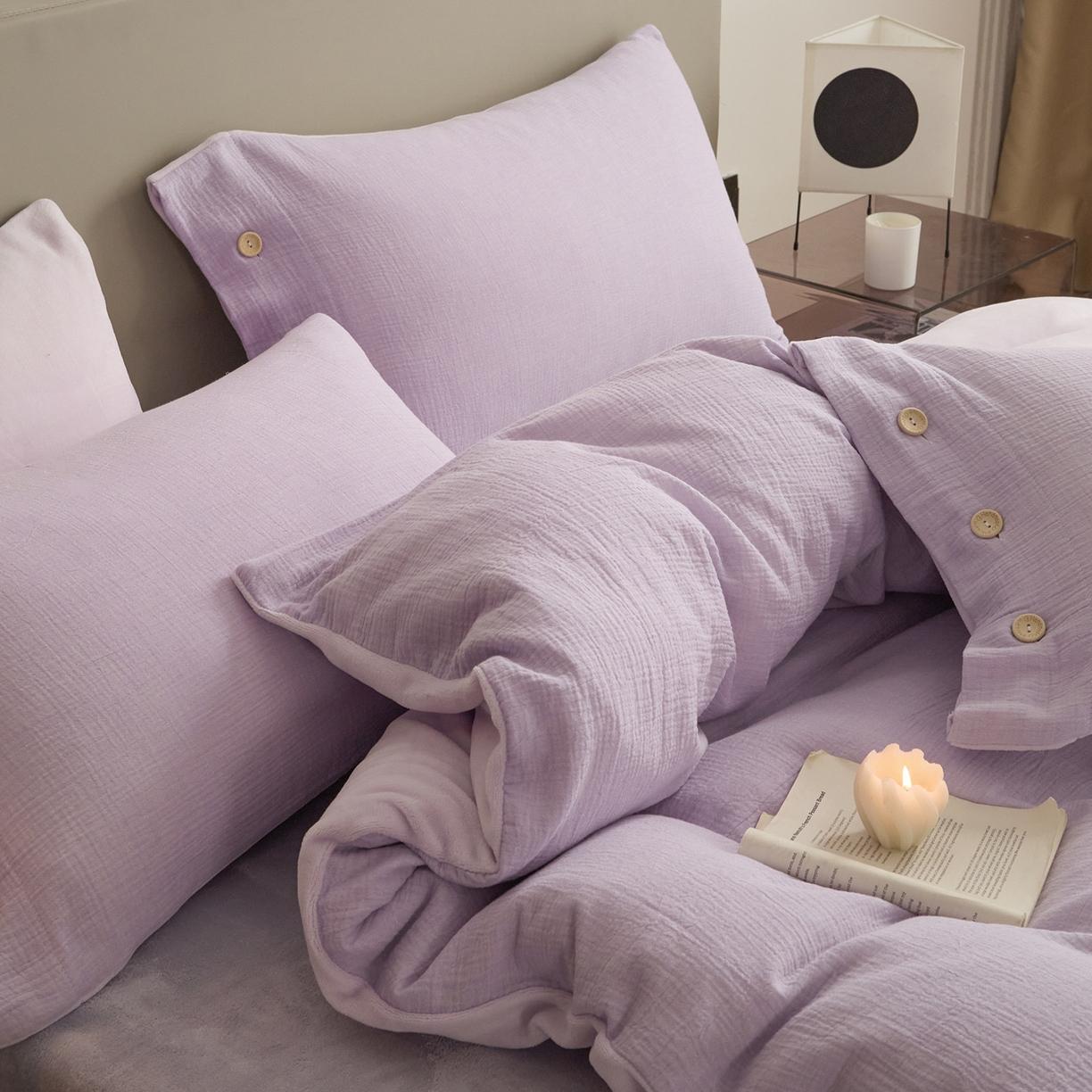 91家纺网 家纺一手货源 找家纺 吾诺家居 吾诺 棉加绒系列 全棉泡泡双层纱加牛奶绒四件套 棉拼绒四件套 棉加绒四件套全棉A类 梦幻紫-浅紫