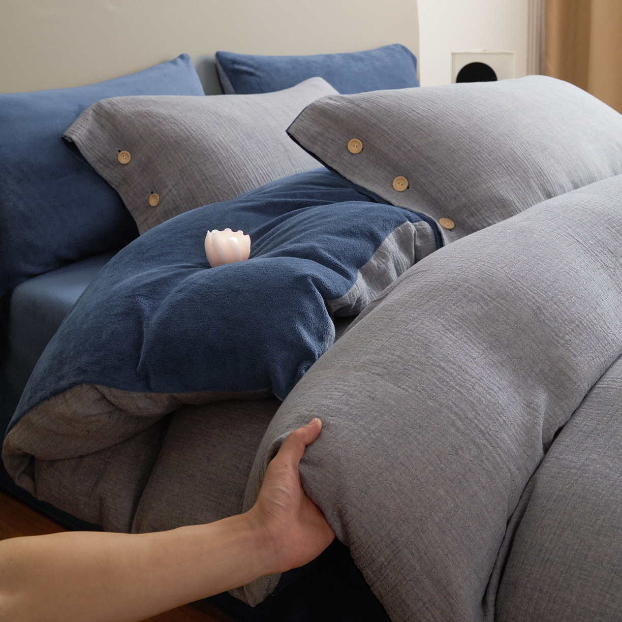 吾诺家居 吾诺 棉加绒系列 全棉泡泡双层纱加牛奶绒四件套 棉拼绒四件套 棉加绒四件套全棉A类 复古蓝-宝蓝