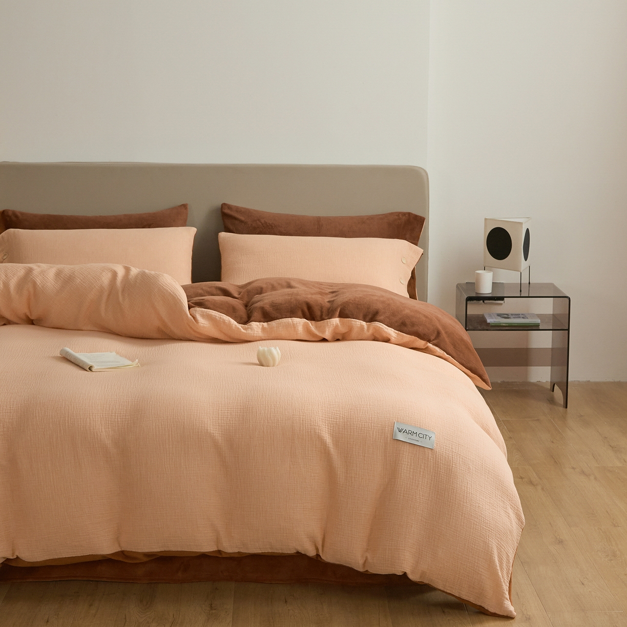 91家纺网 家纺一手货源 找家纺 吾诺家居 吾诺 棉加绒系列 全棉泡泡双层纱加牛奶绒四件套 棉拼绒四件套 棉加绒四件套全棉A类 枫叶桔-唐茶