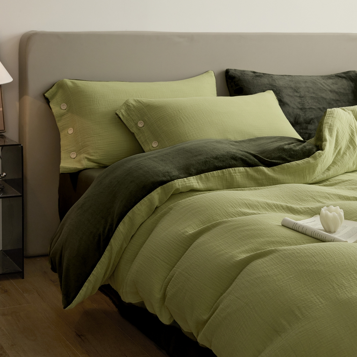 91家纺网 家纺一手货源 找家纺 吾诺家居 吾诺 棉加绒系列 全棉泡泡双层纱加牛奶绒四件套 棉拼绒四件套 棉加绒四件套全棉A类 果绿-橄榄绿