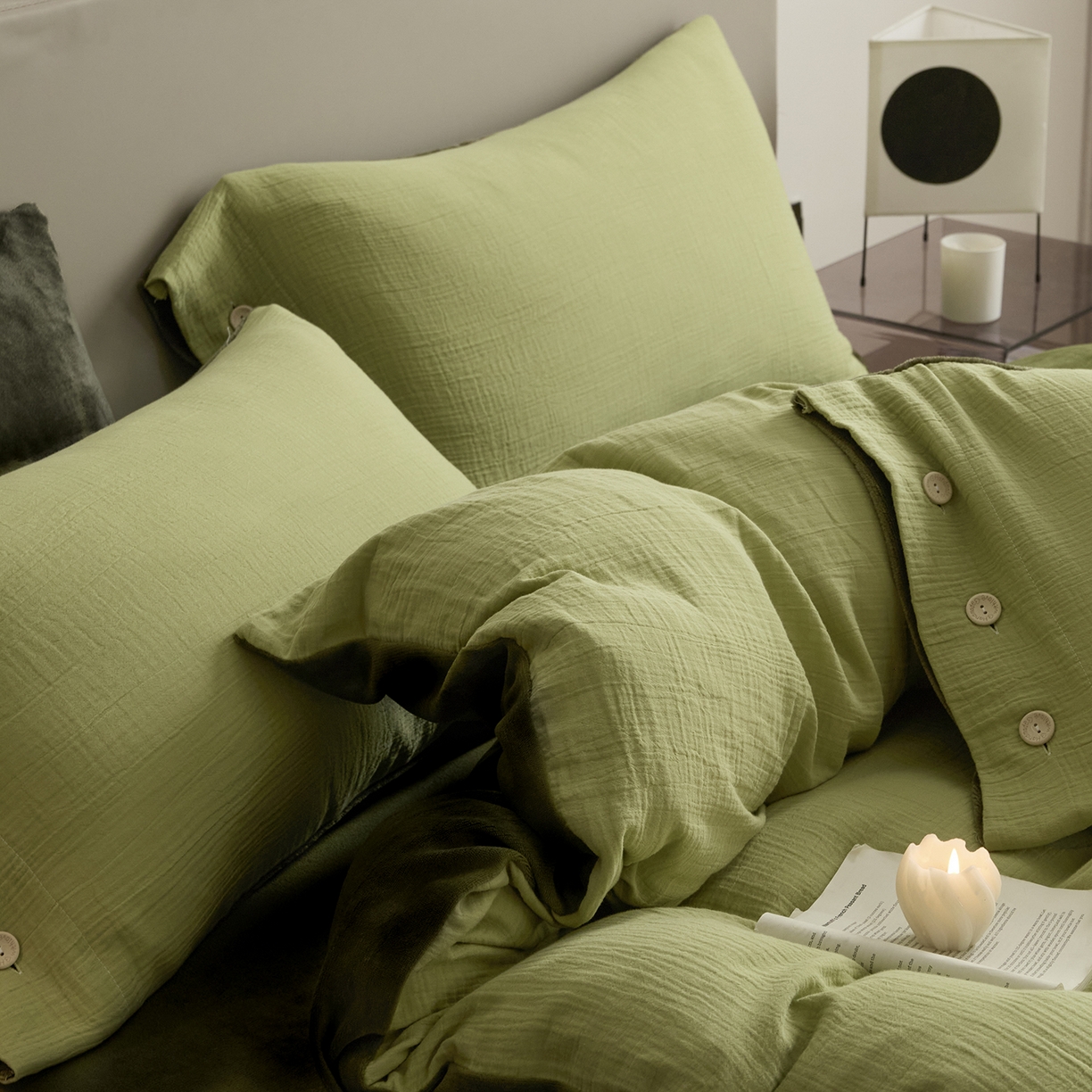 91家纺网 家纺一手货源 找家纺 吾诺家居 吾诺 棉加绒系列 全棉泡泡双层纱加牛奶绒四件套 棉拼绒四件套 棉加绒四件套全棉A类 果绿-橄榄绿