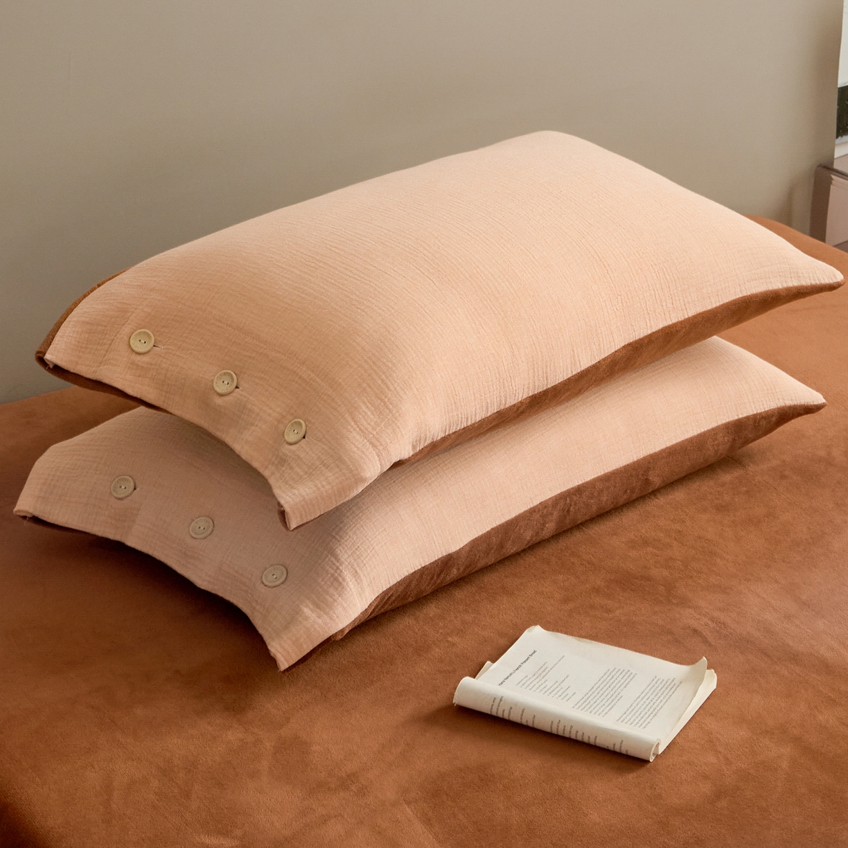 91家纺网 家纺一手货源 找家纺 吾诺家居 吾诺 棉加绒系列 全棉泡泡双层纱加牛奶绒四件套 棉拼绒四件套 棉加绒四件套全棉A类 枫叶桔-唐茶