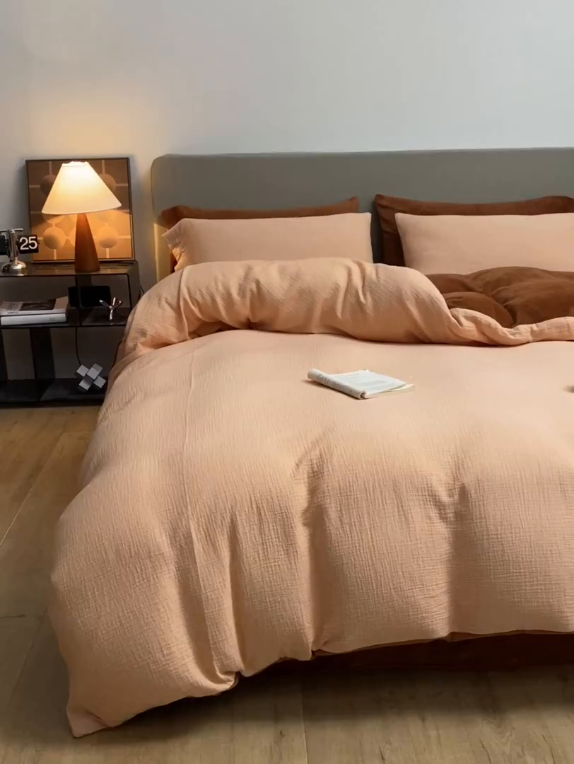 91家纺网 家纺一手货源 找家纺 吾诺家居 吾诺 棉加绒系列 全棉泡泡双层纱加牛奶绒四件套 棉拼绒四件套 棉加绒四件套全棉A类 枫叶桔-唐茶