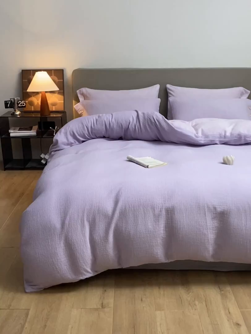 91家纺网 家纺一手货源 找家纺 吾诺家居 吾诺 棉加绒系列 全棉泡泡双层纱加牛奶绒四件套 棉拼绒四件套 棉加绒四件套全棉A类 梦幻紫-浅紫