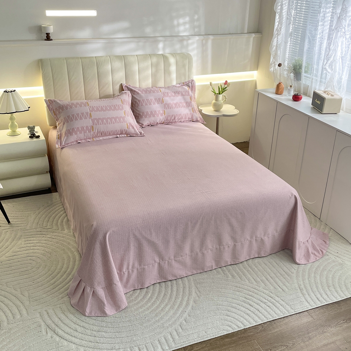 91家纺网 家纺一手货源 找家纺 仟岸家纺 2025新款亲肤舒适全棉磨毛四件套系列 西亚粉