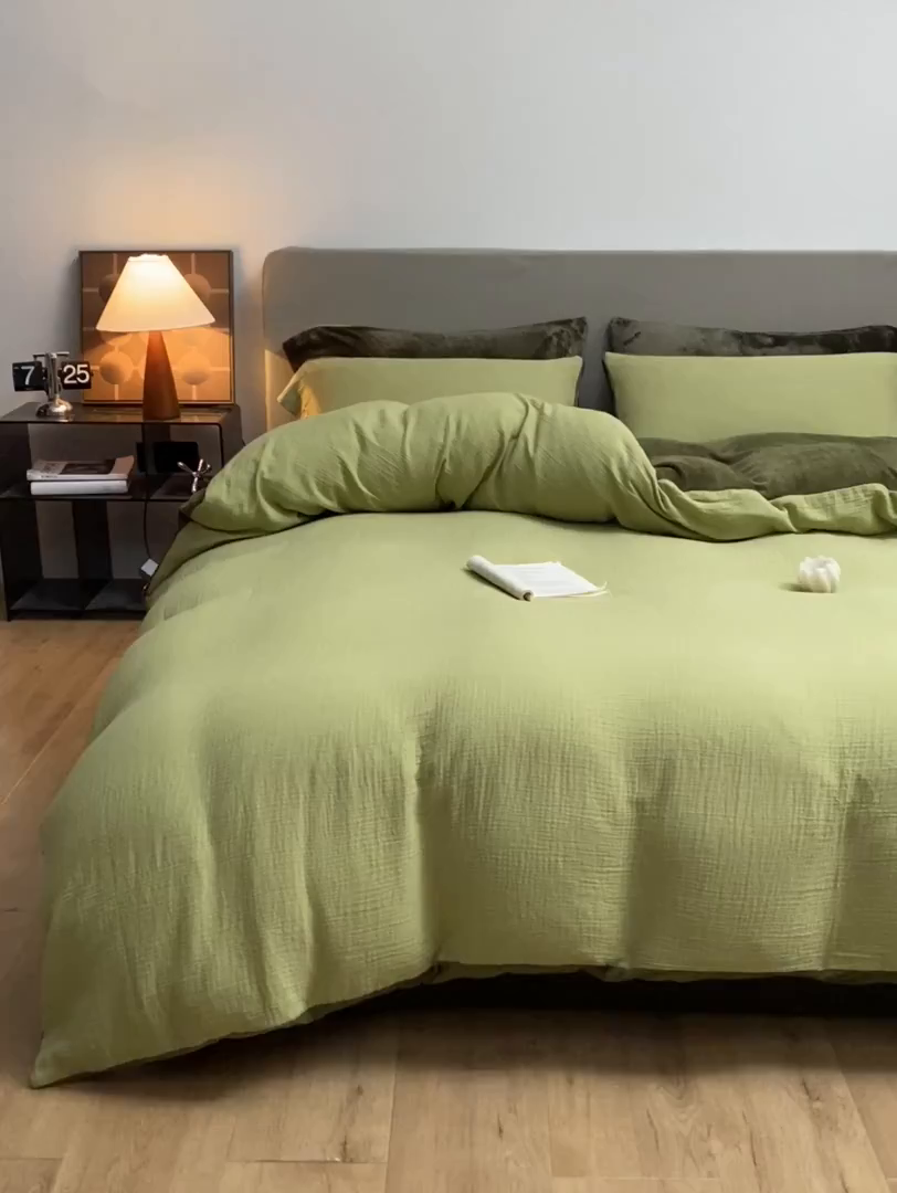 91家纺网 家纺一手货源 找家纺 吾诺家居 吾诺 棉加绒系列 全棉泡泡双层纱加牛奶绒四件套 棉拼绒四件套 棉加绒四件套全棉A类 果绿-橄榄绿