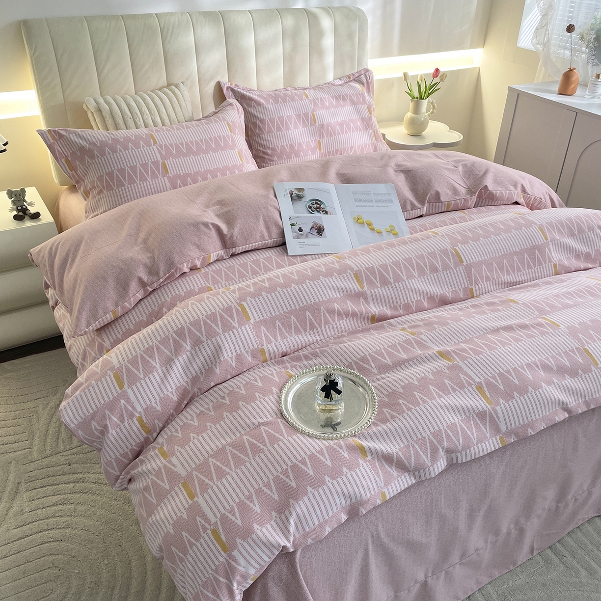 91家纺网 家纺一手货源 找家纺 仟岸家纺 2025新款亲肤舒适全棉磨毛四件套系列 西亚粉