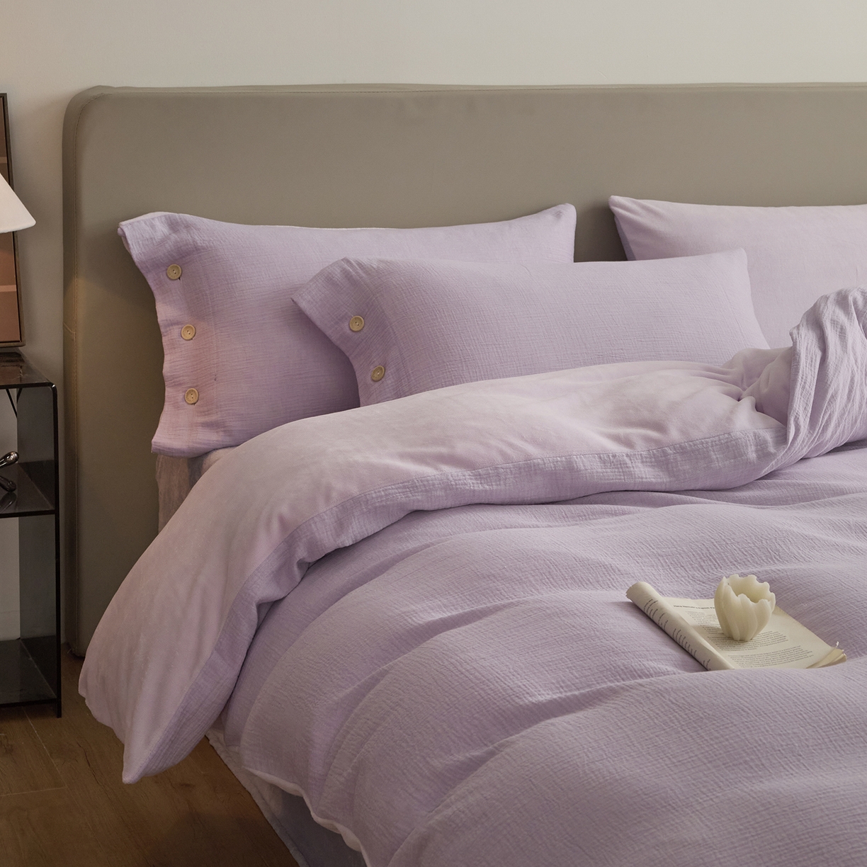 91家纺网 家纺一手货源 找家纺 吾诺家居 吾诺 棉加绒系列 全棉泡泡双层纱加牛奶绒四件套 棉拼绒四件套 棉加绒四件套全棉A类 梦幻紫-浅紫