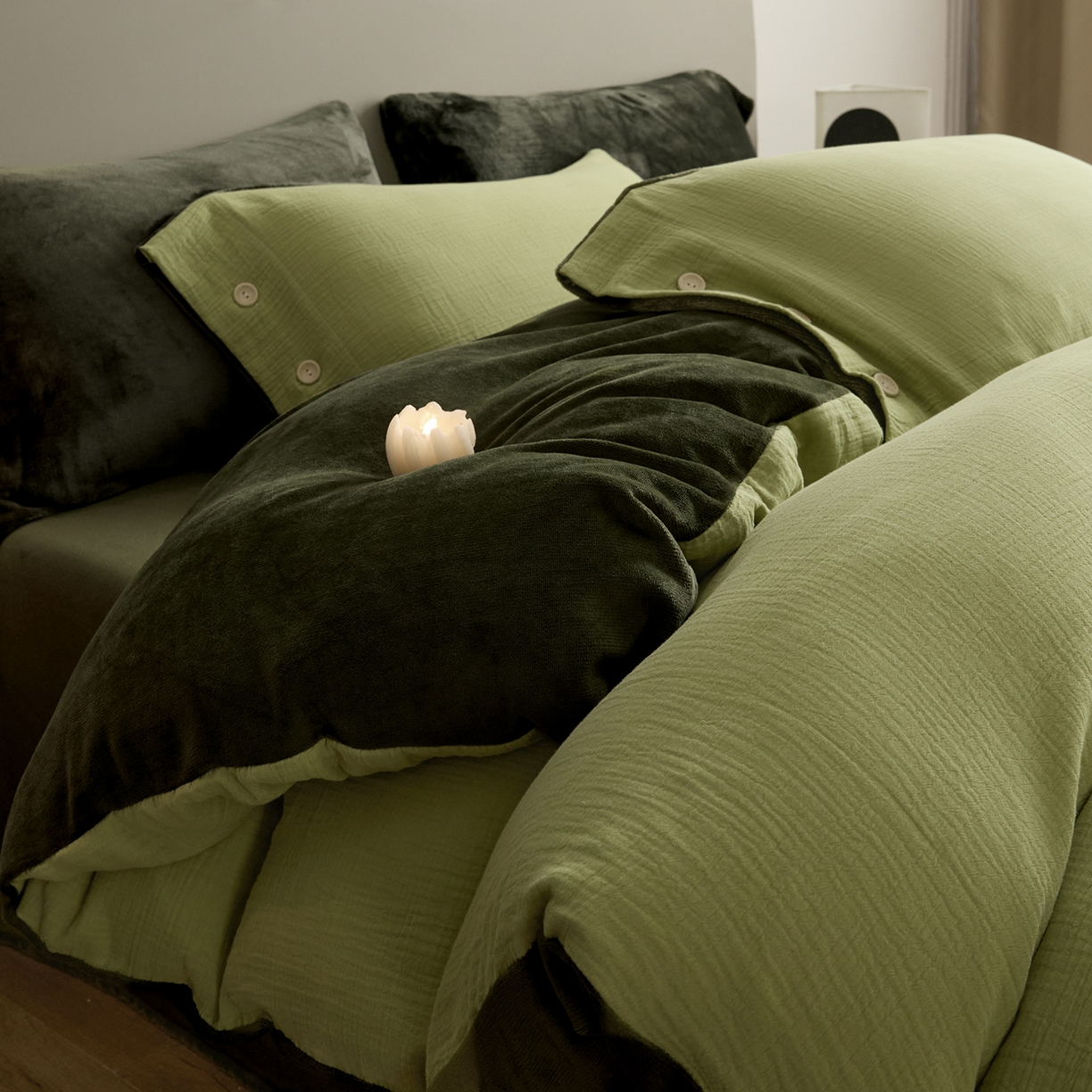 91家纺网 家纺一手货源 找家纺 吾诺家居 吾诺 棉加绒系列 全棉泡泡双层纱加牛奶绒四件套 棉拼绒四件套 棉加绒四件套全棉A类 果绿-橄榄绿