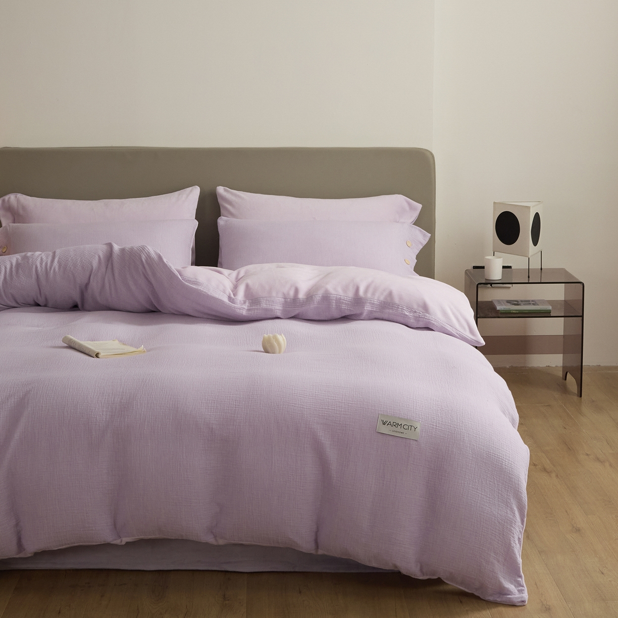 91家纺网 家纺一手货源 找家纺 吾诺家居 吾诺 棉加绒系列 全棉泡泡双层纱加牛奶绒四件套 棉拼绒四件套 棉加绒四件套全棉A类 梦幻紫-浅紫