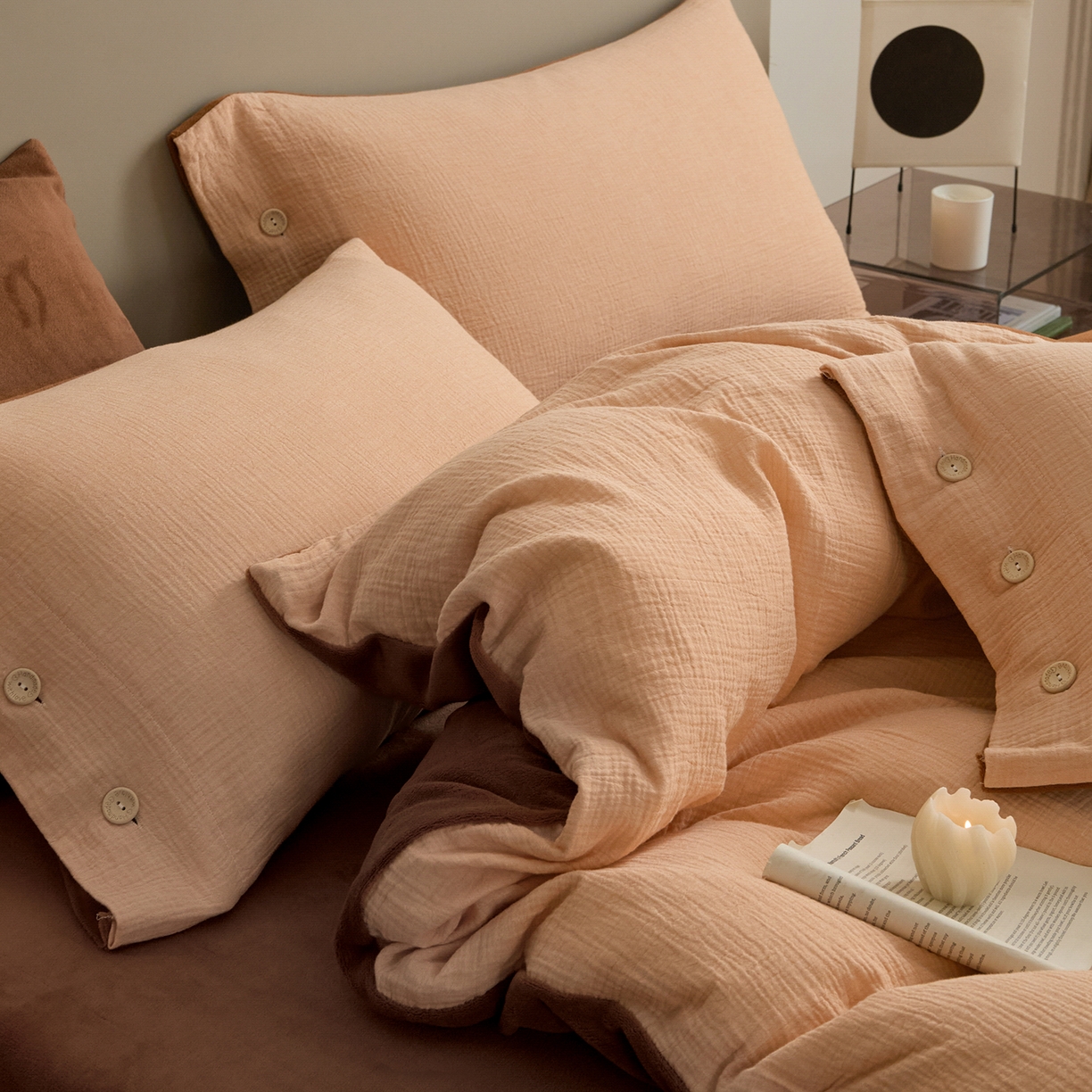 91家纺网 家纺一手货源 找家纺 吾诺家居 吾诺 棉加绒系列 全棉泡泡双层纱加牛奶绒四件套 棉拼绒四件套 棉加绒四件套全棉A类 枫叶桔-唐茶