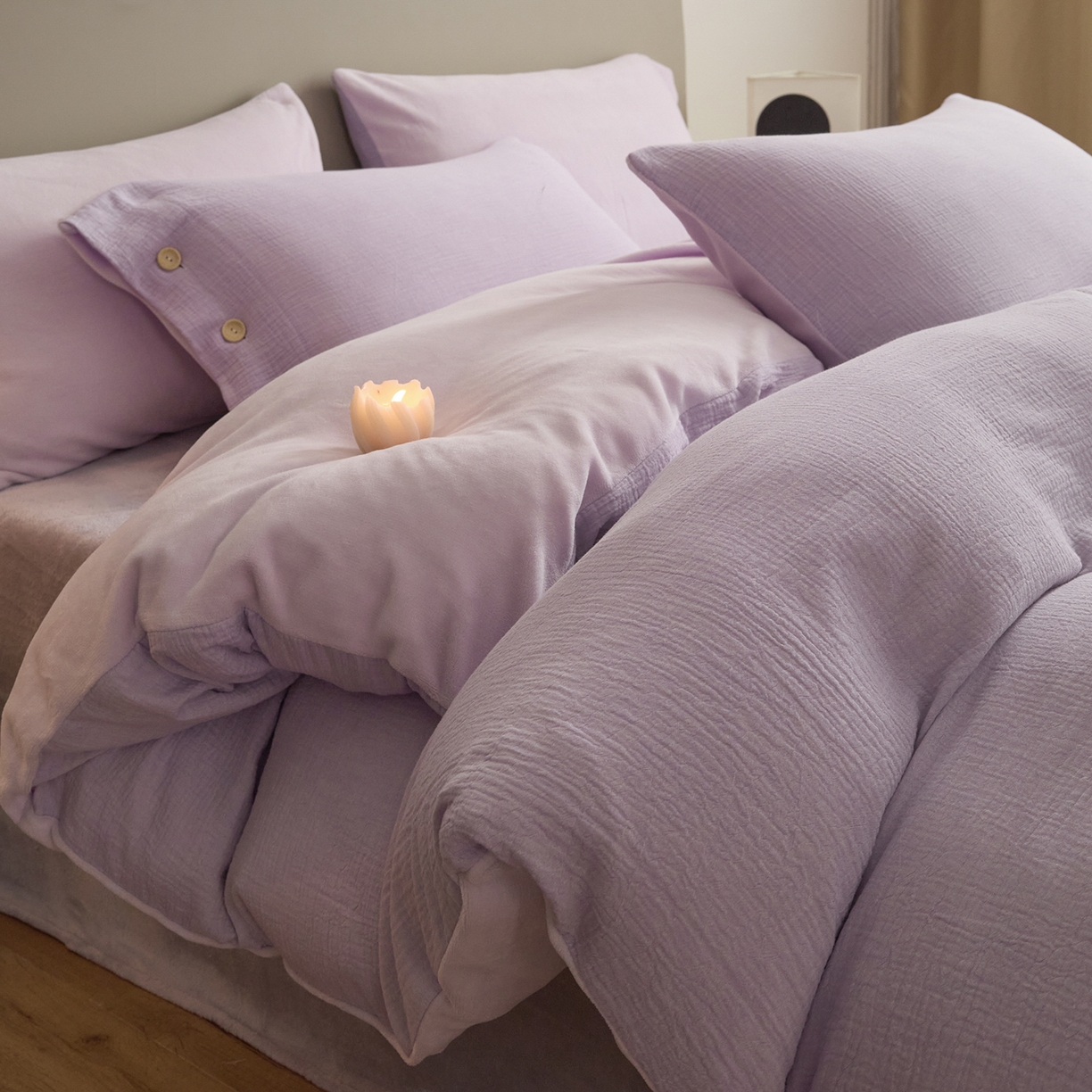 91家纺网 家纺一手货源 找家纺 吾诺家居 吾诺 棉加绒系列 全棉泡泡双层纱加牛奶绒四件套 棉拼绒四件套 棉加绒四件套全棉A类 梦幻紫-浅紫