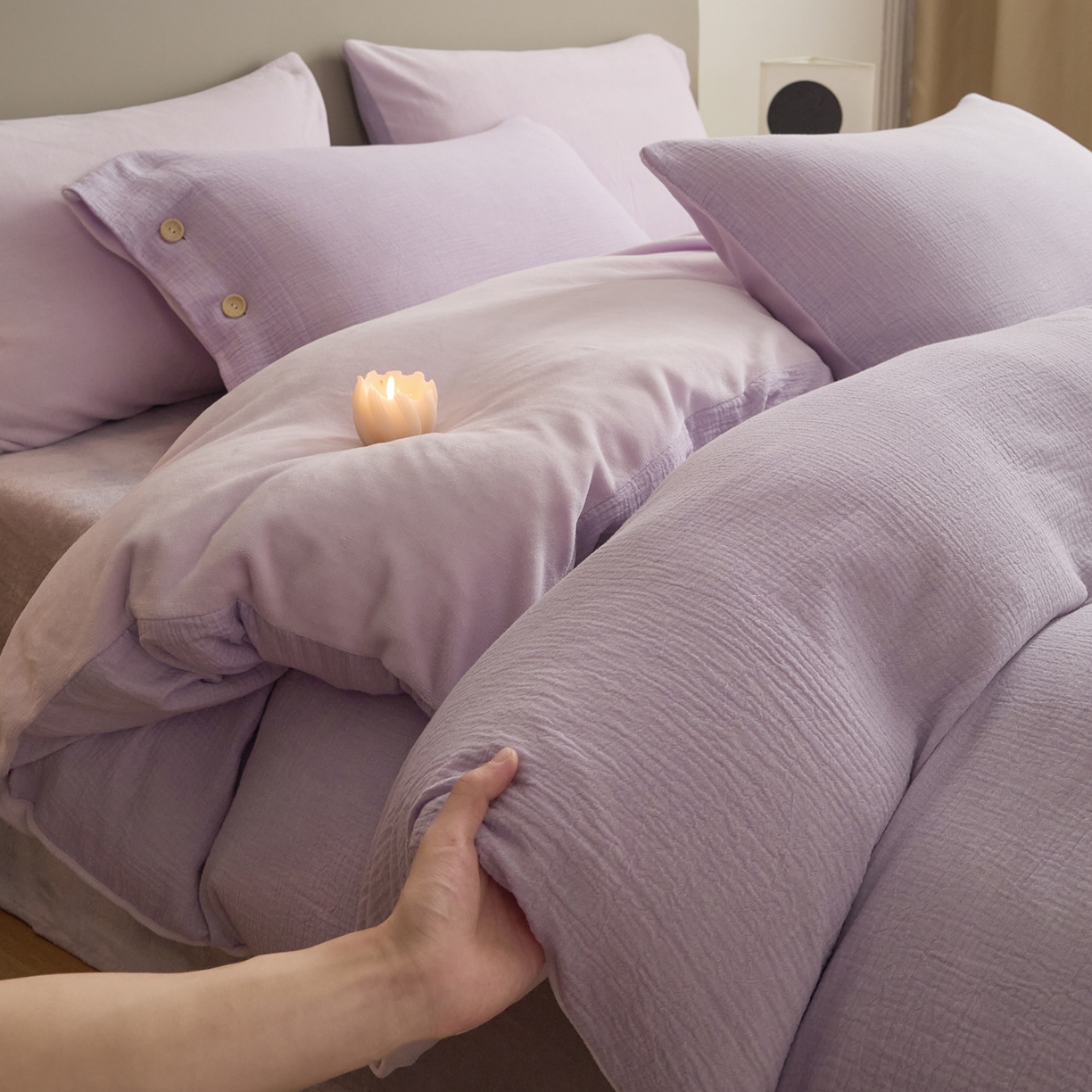 吾诺家居 吾诺 棉加绒系列 全棉泡泡双层纱加牛奶绒四件套 棉拼绒四件套 棉加绒四件套全棉A类 梦幻紫-浅紫