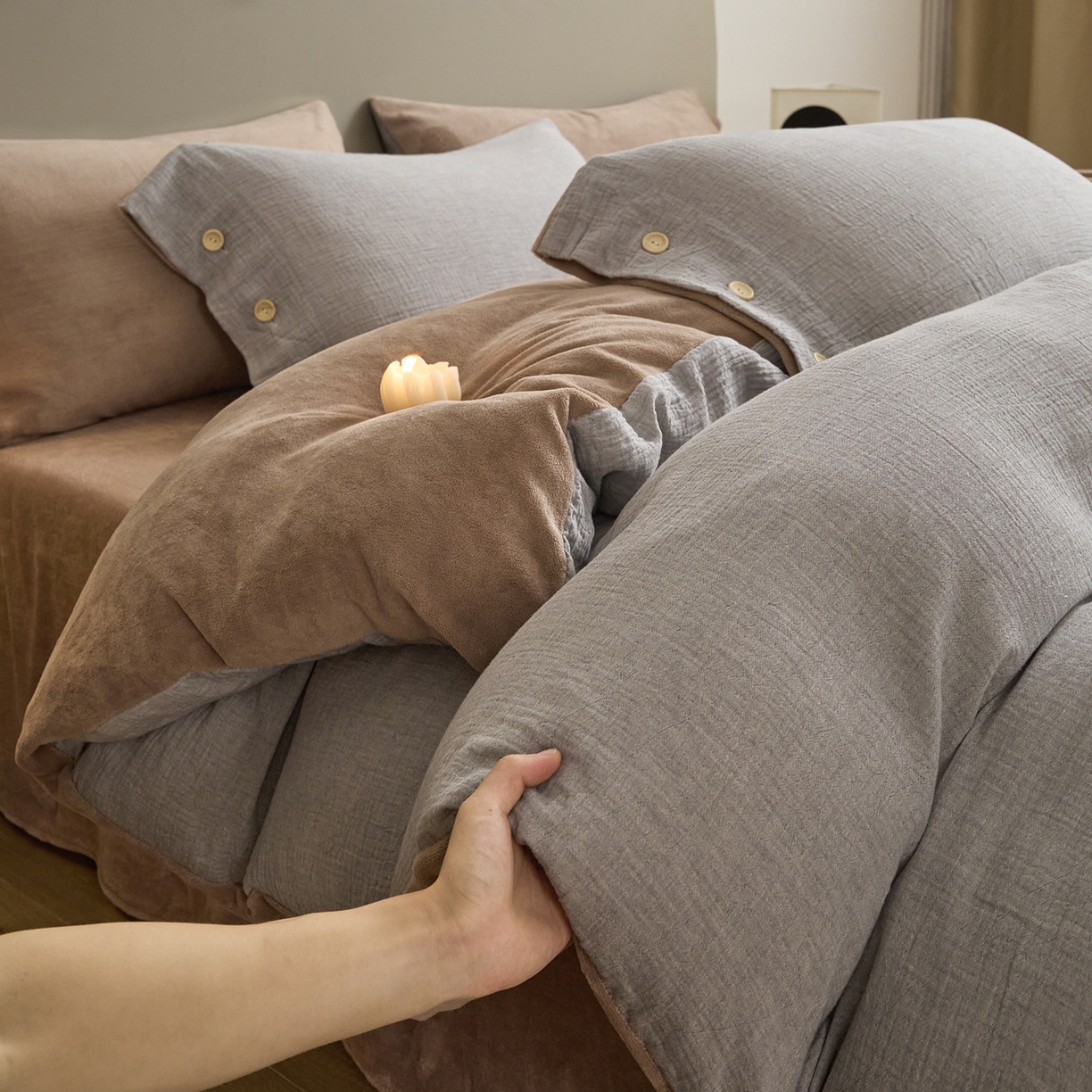 91家纺网 家纺一手货源 找家纺 （总）吾诺家居 吾诺 棉加绒系列 全棉泡泡双层纱加牛奶绒四件套 棉拼绒四件套 棉加绒四件套全棉A类