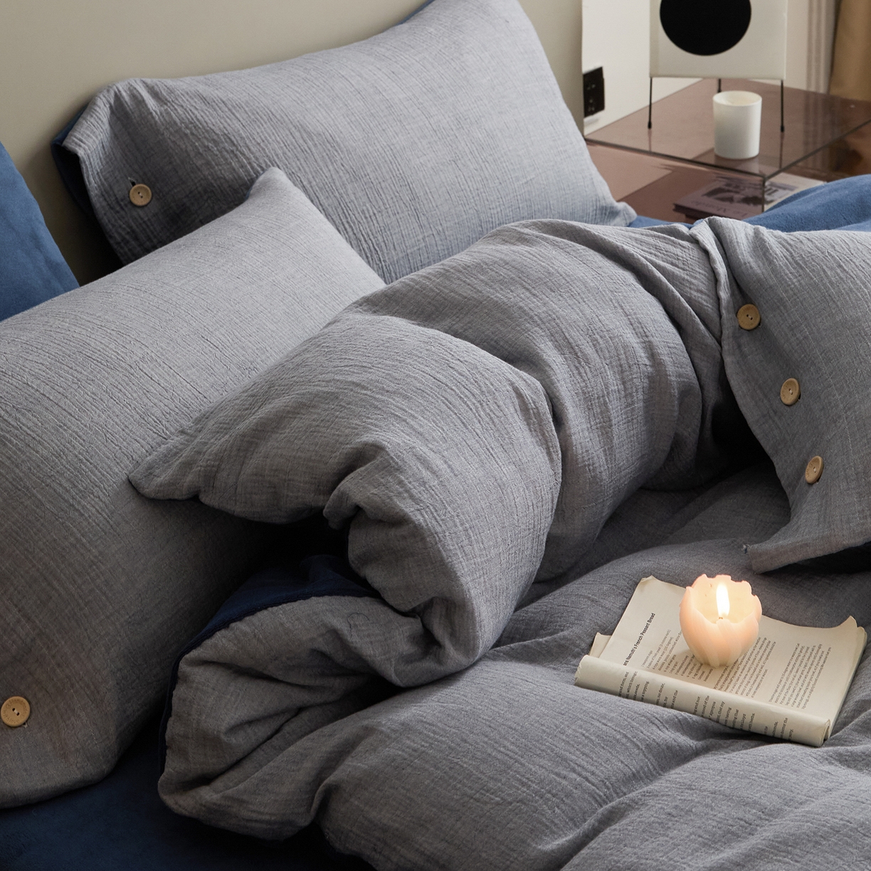 91家纺网 家纺一手货源 找家纺 吾诺家居 吾诺 棉加绒系列 全棉泡泡双层纱加牛奶绒四件套 棉拼绒四件套 棉加绒四件套全棉A类 复古蓝-宝蓝