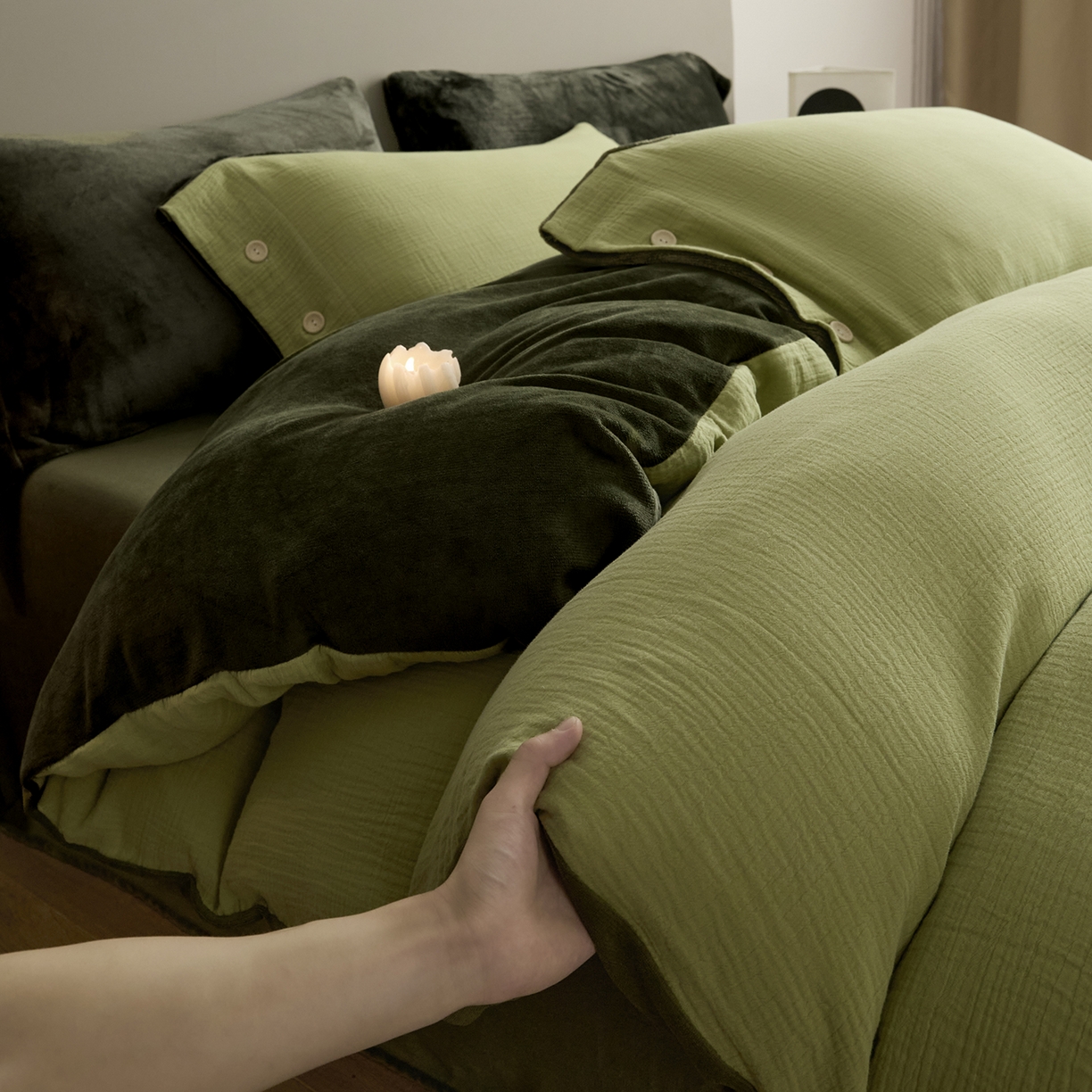 91家纺网 家纺一手货源 找家纺 （总）吾诺家居 吾诺 棉加绒系列 全棉泡泡双层纱加牛奶绒四件套 棉拼绒四件套 棉加绒四件套全棉A类