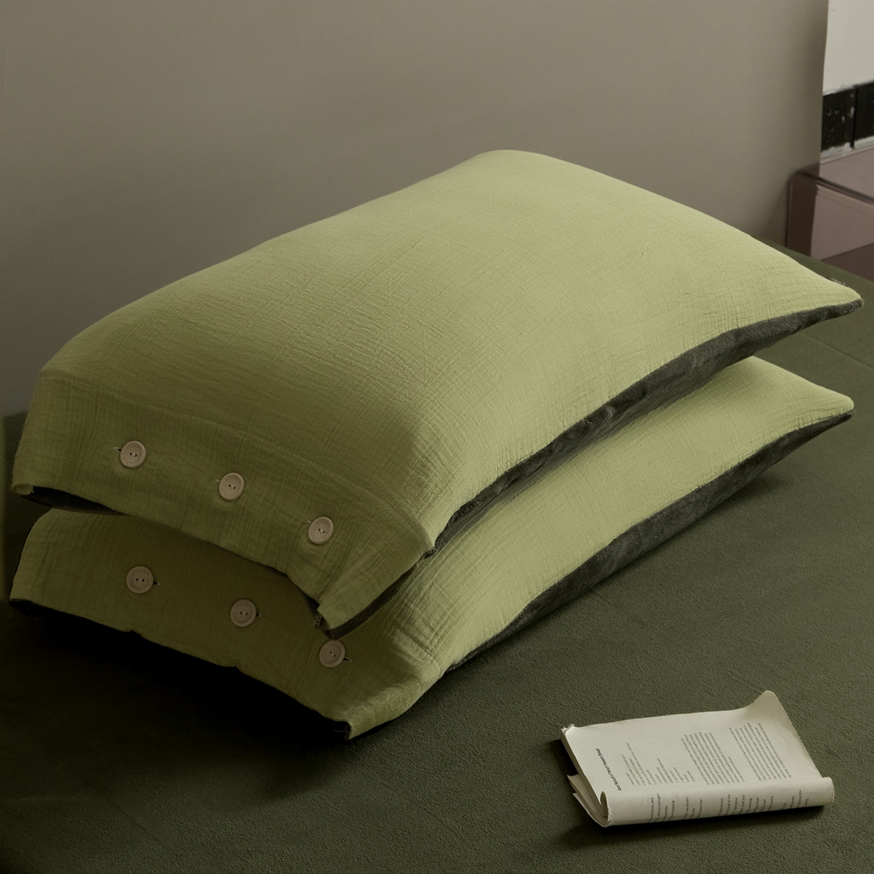 91家纺网 家纺一手货源 找家纺 吾诺家居 吾诺 棉加绒系列 全棉泡泡双层纱加牛奶绒四件套 棉拼绒四件套 棉加绒四件套全棉A类 果绿-橄榄绿