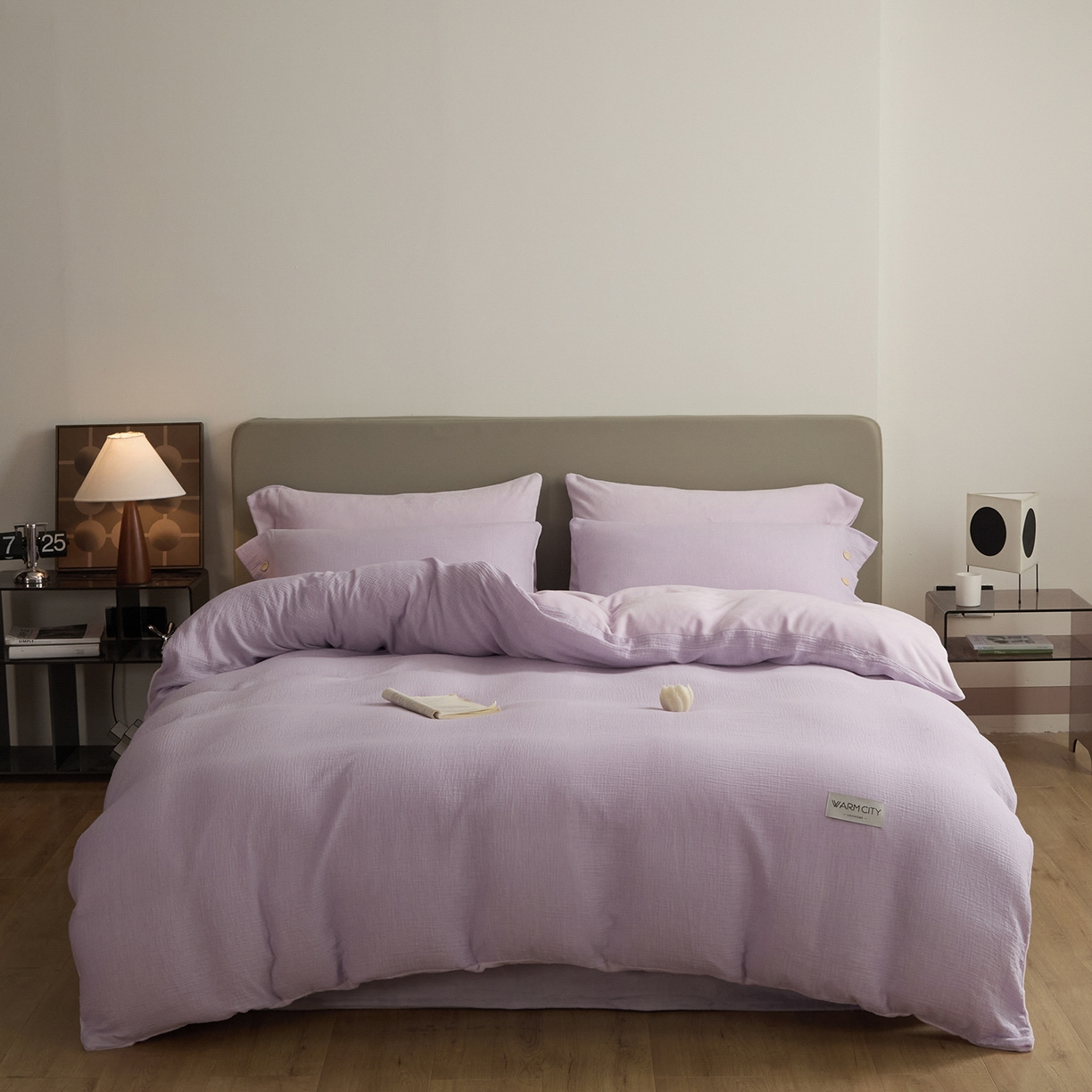 91家纺网 家纺一手货源 找家纺 吾诺家居 吾诺 棉加绒系列 全棉泡泡双层纱加牛奶绒四件套 棉拼绒四件套 棉加绒四件套全棉A类 梦幻紫-浅紫