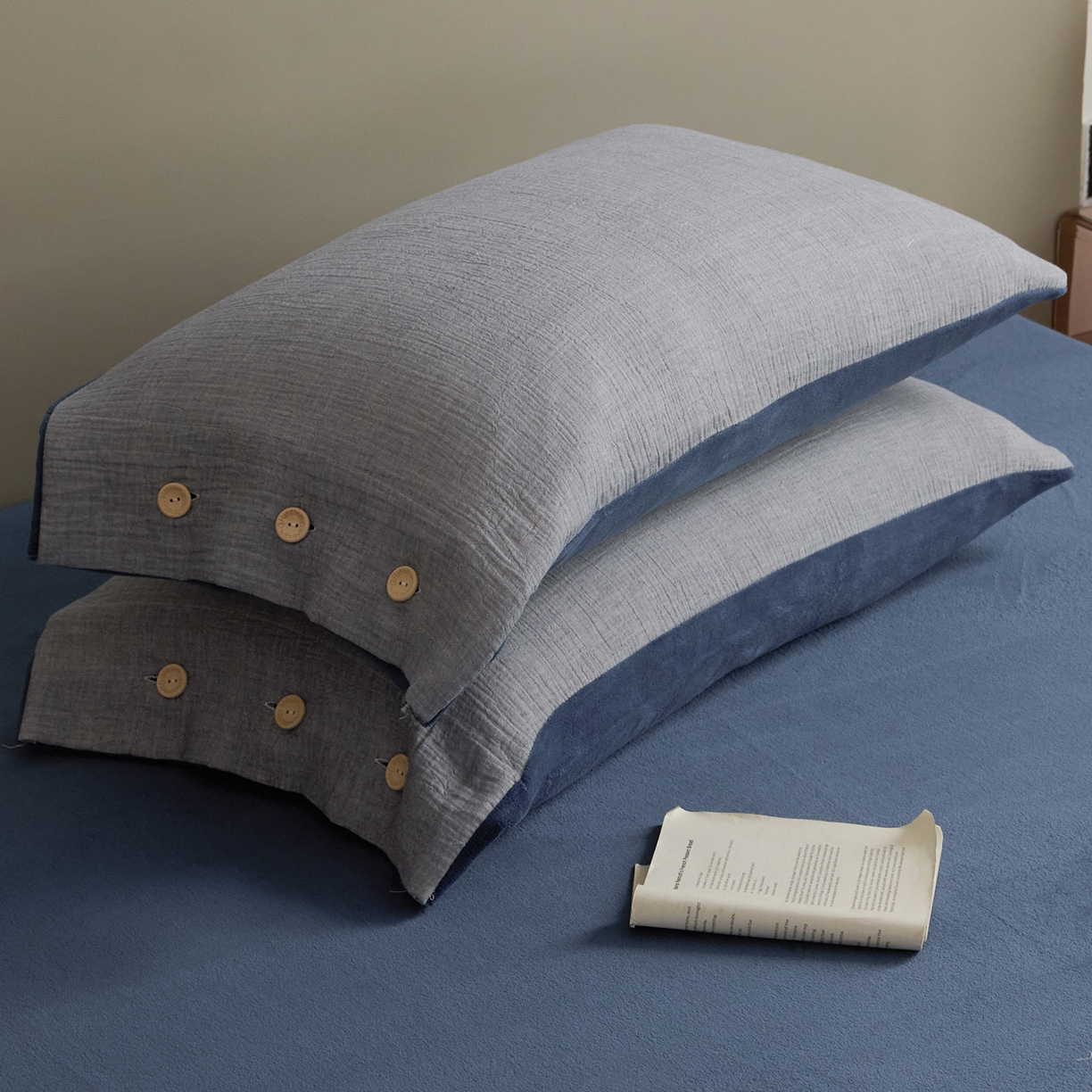 91家纺网 家纺一手货源 找家纺 吾诺家居 吾诺 棉加绒系列 全棉泡泡双层纱加牛奶绒四件套 棉拼绒四件套 棉加绒四件套全棉A类 复古蓝-宝蓝