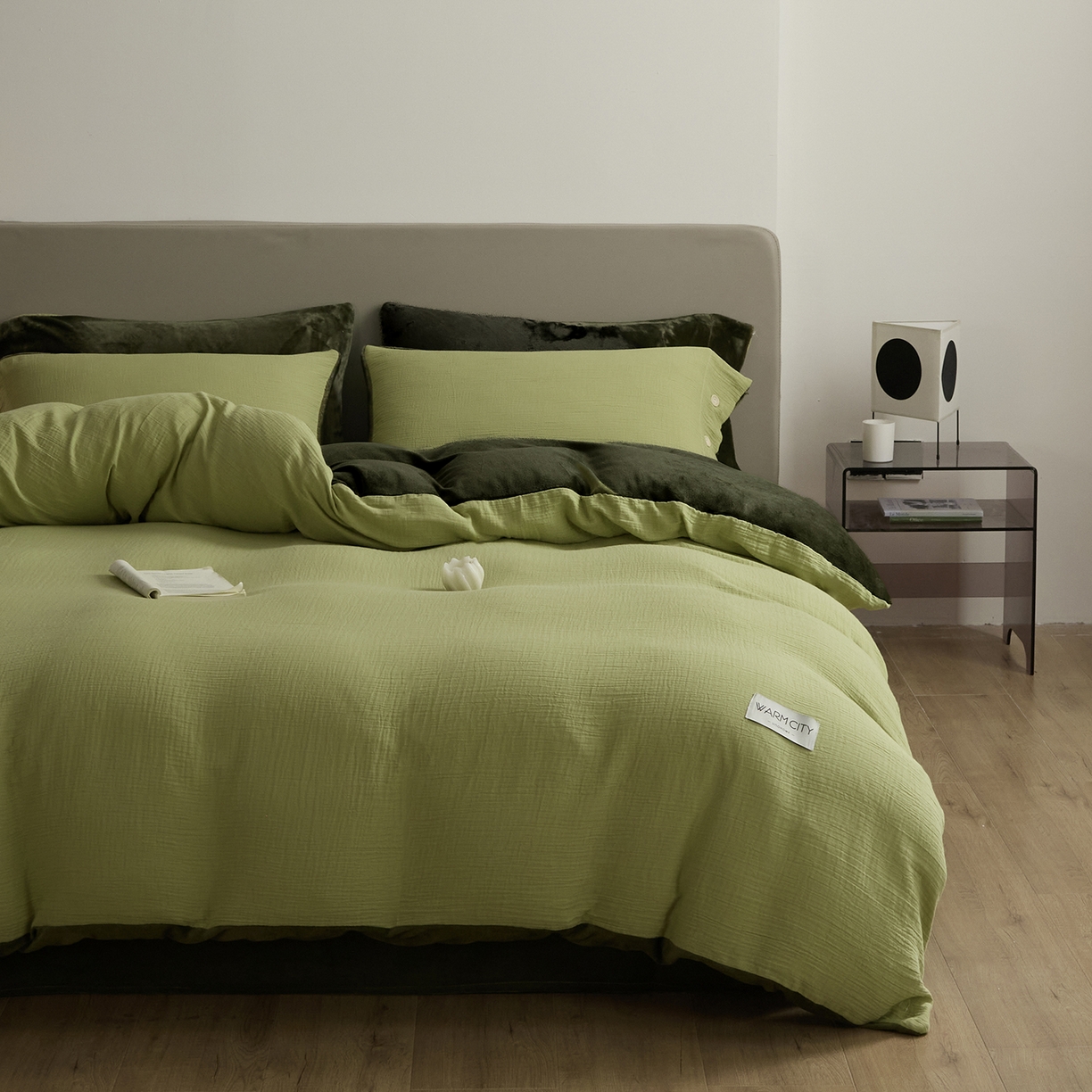 91家纺网 家纺一手货源 找家纺 吾诺家居 吾诺 棉加绒系列 全棉泡泡双层纱加牛奶绒四件套 棉拼绒四件套 棉加绒四件套全棉A类 果绿-橄榄绿