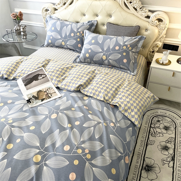 91家纺网 家纺一手货源 找家纺 仟岸家纺 2025新款亲肤舒适全棉磨毛四件套系列 叶语纷飞灰