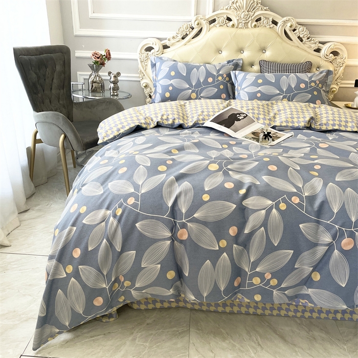 91家纺网 家纺一手货源 找家纺 仟岸家纺 2025新款亲肤舒适全棉磨毛四件套系列 叶语纷飞灰