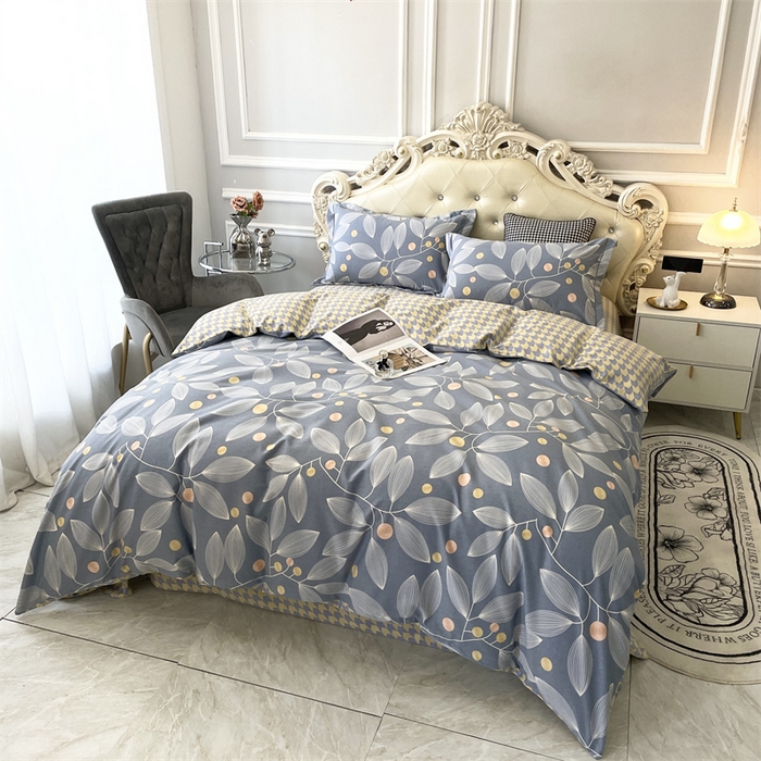 91家纺网 家纺一手货源 找家纺 仟岸家纺 2025新款亲肤舒适全棉磨毛四件套系列 叶语纷飞灰