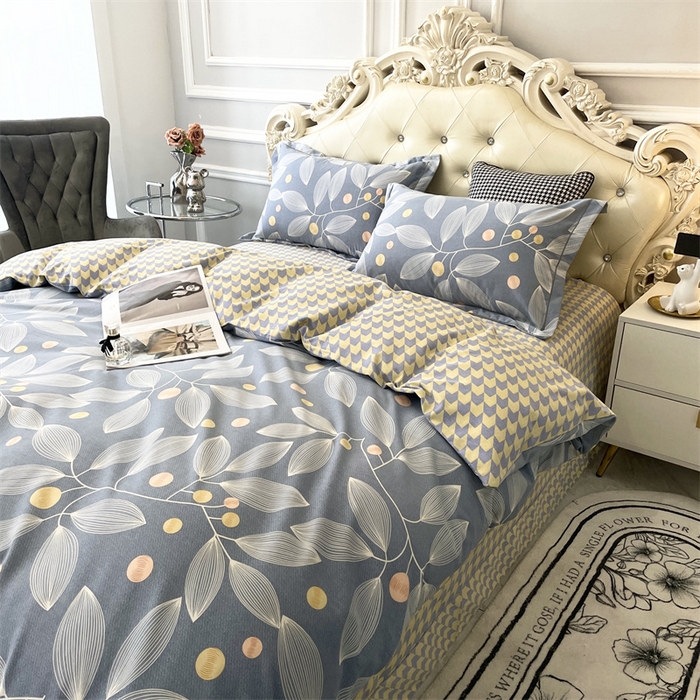 91家纺网 家纺一手货源 找家纺 仟岸家纺 2025新款亲肤舒适全棉磨毛四件套系列 叶语纷飞灰