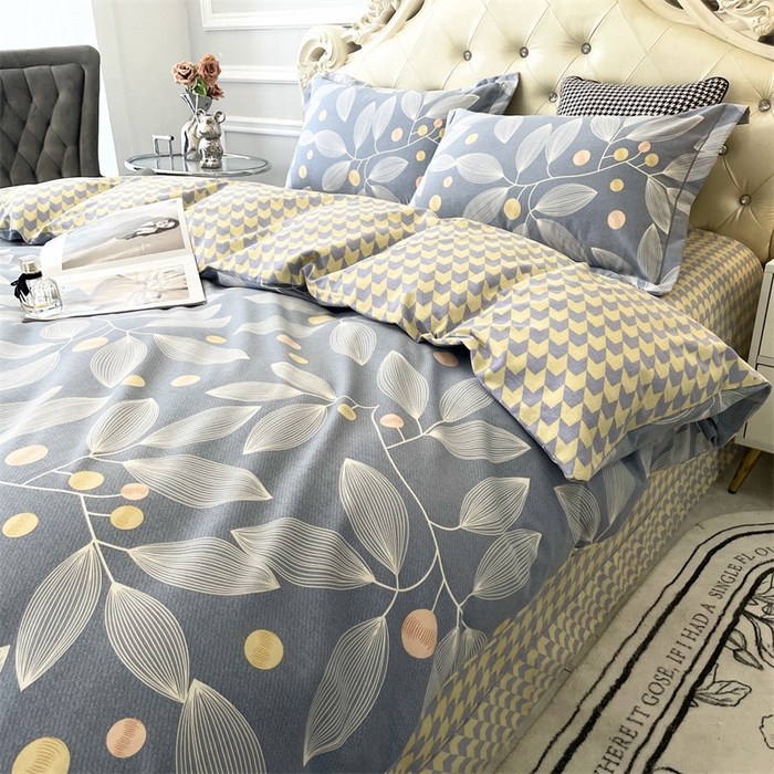 91家纺网 家纺一手货源 找家纺 仟岸家纺 2025新款亲肤舒适全棉磨毛四件套系列 叶语纷飞灰