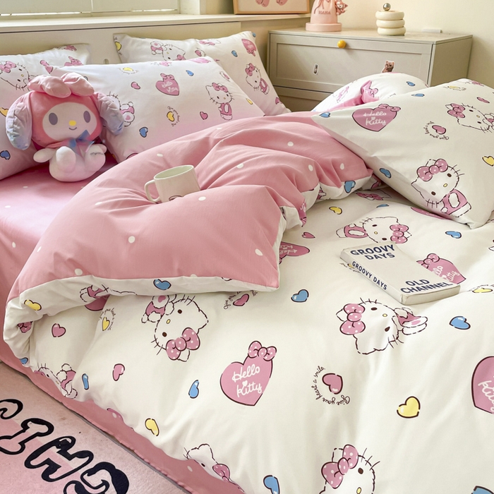 91家纺网 家纺一手货源 找家纺 港岛妹妹 2025新款云朵水洗工艺三丽鸥四件套 三丽鸥-心动kt猫