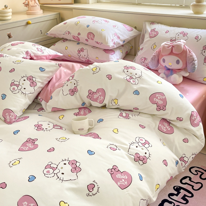 91家纺网 家纺一手货源 找家纺 港岛妹妹 2025新款云朵水洗工艺三丽鸥四件套 三丽鸥-心动kt猫