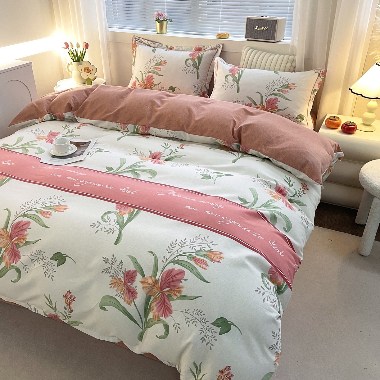 91家纺网 家纺一手货源 找家纺 仟岸家纺 2025新款亲肤舒适全棉磨毛四件套系列 郁金香