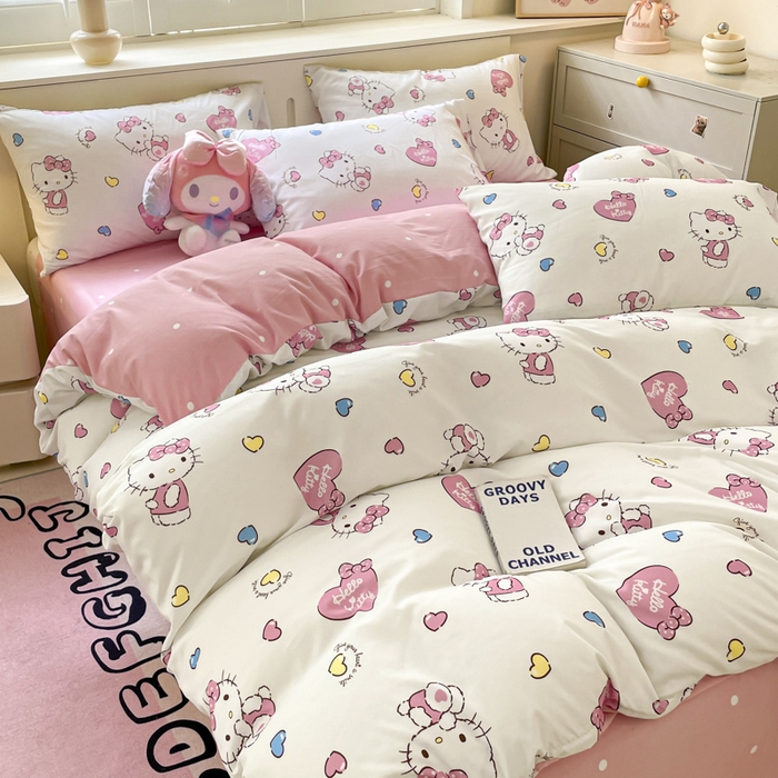 91家纺网 家纺一手货源 找家纺 港岛妹妹 2025新款云朵水洗工艺三丽鸥四件套 三丽鸥-心动kt猫