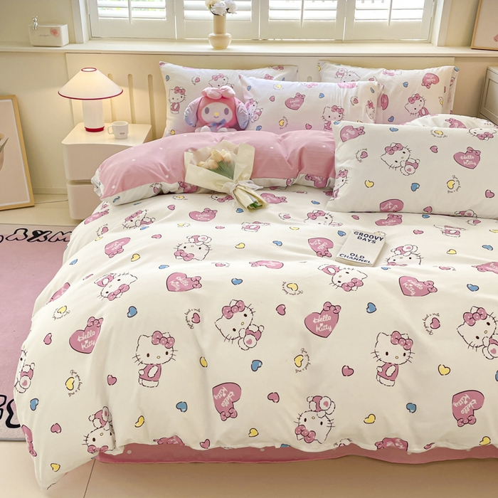 91家纺网 家纺一手货源 找家纺 港岛妹妹 2025新款云朵水洗工艺三丽鸥四件套 三丽鸥-心动kt猫