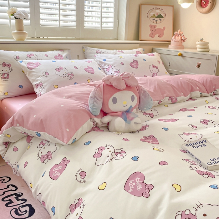 91家纺网 家纺一手货源 找家纺 港岛妹妹 2025新款云朵水洗工艺三丽鸥四件套 三丽鸥-心动kt猫