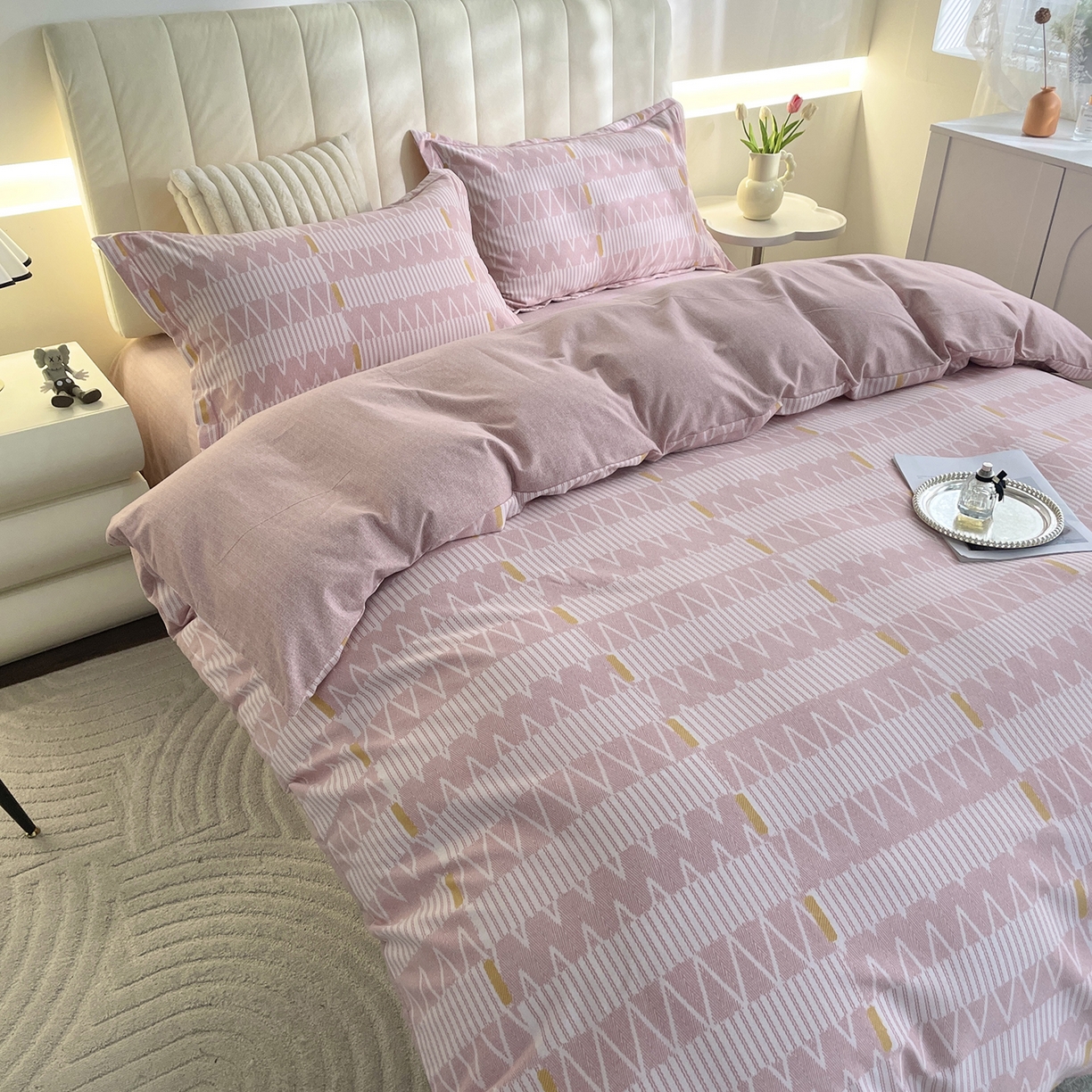 91家纺网 家纺一手货源 找家纺 仟岸家纺 2025新款亲肤舒适全棉磨毛四件套系列 西亚粉