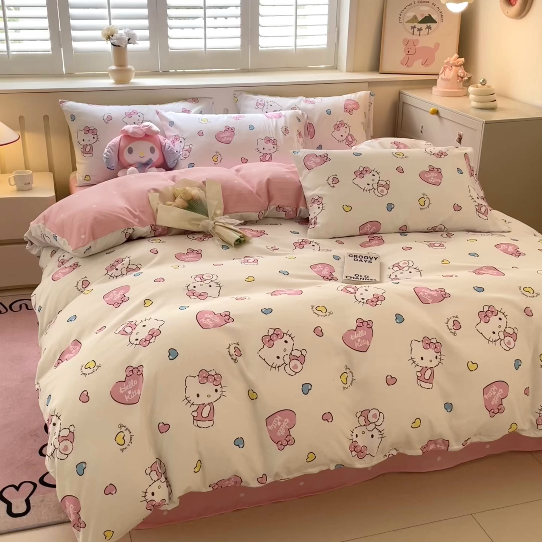 91家纺网 家纺一手货源 找家纺 港岛妹妹 2025新款云朵水洗工艺三丽鸥四件套 三丽鸥-心动kt猫