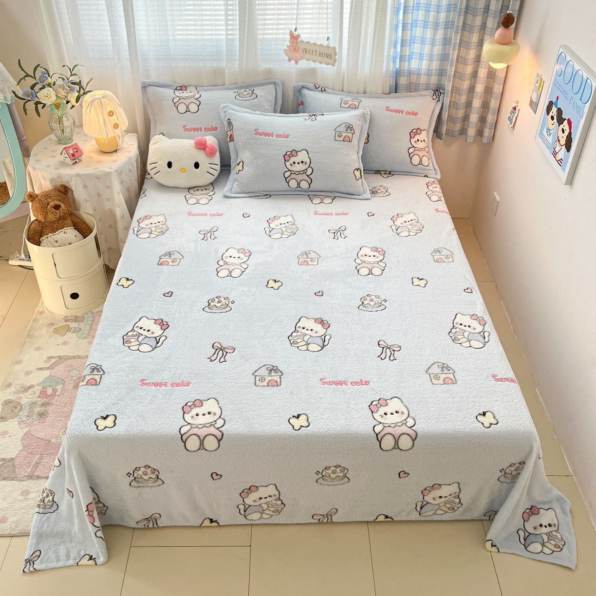 91家纺网 家纺一手货源 找家纺 川悦生活 2025新款高克重双面雪花绒印花毛毯三件套 毛毯幸运小咪