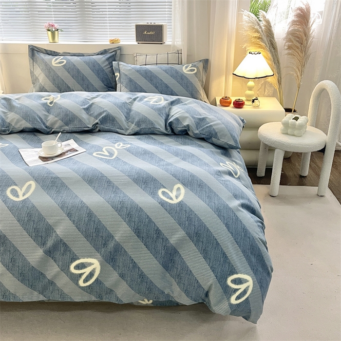 91家纺网 家纺一手货源 找家纺 仟岸家纺 2025新款亲肤舒适全棉磨毛四件套系列 一心一意蓝